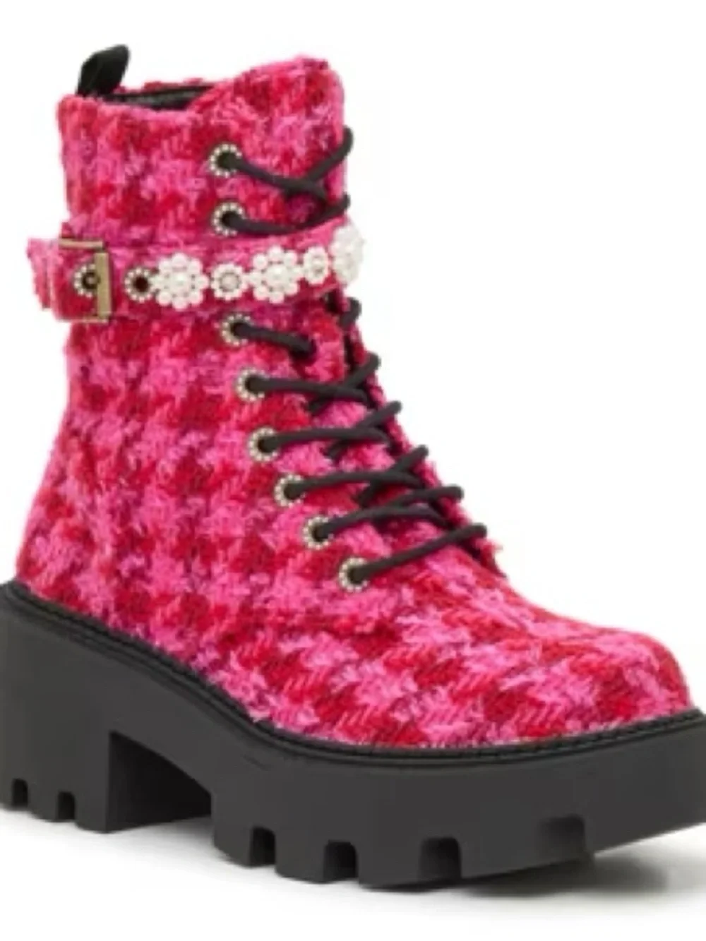 Kids Pink Faux-Fur Lace-Up Combat Boot with Pearl Strap